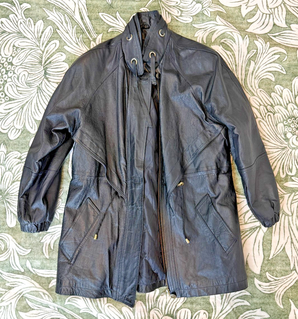 Comint Standing Collar Cinched Mid length Leather Jacket 1980s Womens Medium